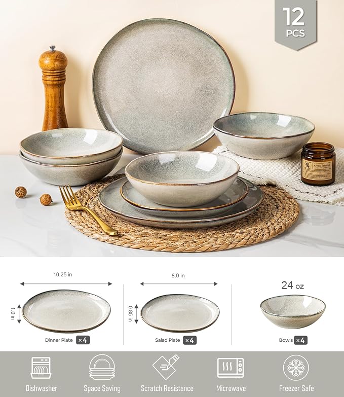 GBHOME Stoneware Dinnerware Sets for 4,12 Piece Rustic Plates and Bowls Set | Earthenware Handmade Reactive Glaze Plate Sets, Chip Resistant Ceramic Dishes, Microwave & Dishwasher Safe, Wheat Green
