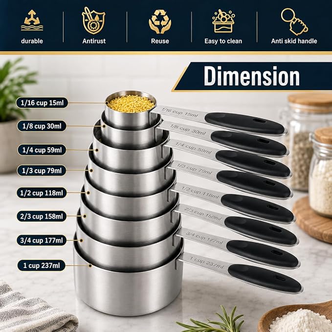 16 Pieces Measuring Cups and Magnetic Measuring Spoons Set Stainless Steel,8 Measure Cups with Silicone Handle and 7 Double Sided Magnetic Measure Spoons & 1 Leveler