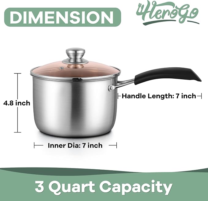 Herogo 3 Quart Saucepan, 18/10 Stainless Steel Sauce Pan Pot with Lid, 3Qt Saucepan for Gas Electric Stove Top Camping, Healthy & Rust Free