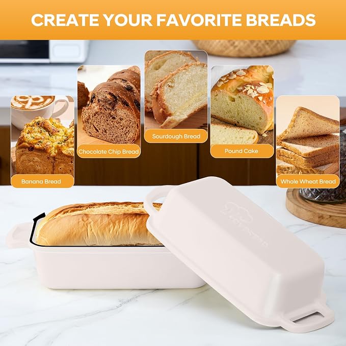 Cast Iron Loaf Pan with Lid 10x5 Inch Enameled Bread Loaf Pan for Sourdough, 2 Piece Set, Cream