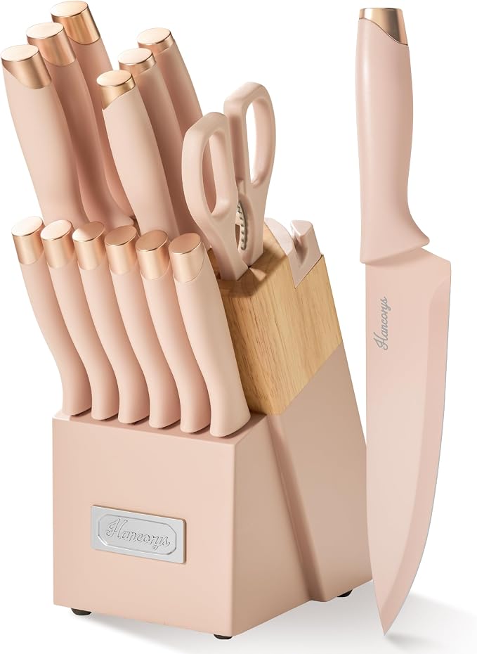 Knife Set, 15 PCS Kitchen Knife Set with Block, Built-in Sharpener | German Stainless Steel Knife Block Set with Anti-Rust Coating & Ergonomic Handle, Chef Knives for Everyday Home Cooking, Pink