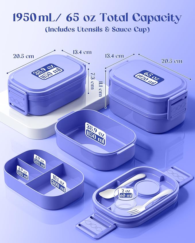 Bento Lunch Box, 65 oz 3-Tier Stackable Lunch Container, Adjustable 2/3 Tier Design, BPA-Free Food-Grade Plastic, Leakproof, Microwave & Dishwasher Safe, Macaron