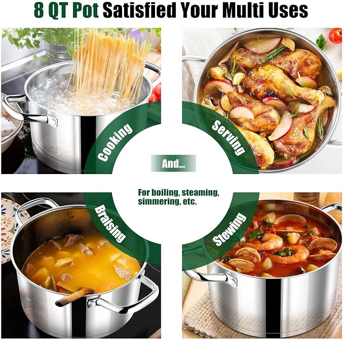 P&P CHEF 8 Quarts Stock Pot with Lid, Stainless Steel Stockpot for Cooking | Cooking Pot for Soup, Pasta, Tri-Ply Bottom for Induction, Gas, Ceramic, Glass Lid & Double Handle, Dishwasher Safe