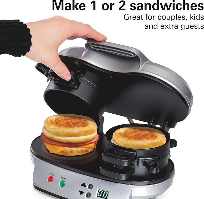 Hamilton Beach Dual Breakfast Sandwich Maker with Egg Cooker Rings & Timer | Perfect for English Muffins, Croissants, Mini Waffles | Customizable & Fast |PFAS-Free | Silver | 25490MNA