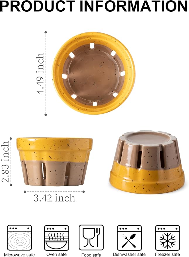Gomakren Ceramic Berry Bowls with Holes Set of 2 for Fridge Yellow + Brown | Drain holes keep berries fresh, stackable, wash & serve, round strawberry basket for fridge kitchen counter, lovely home gift