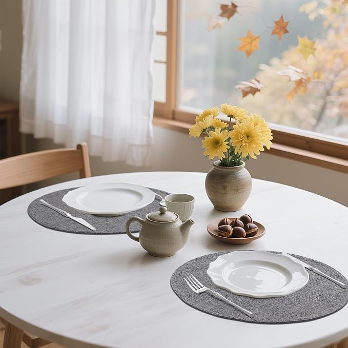 Cotton Linen 15 Inch Round Cloth Place mats, Set of 6, Dark Grey | Washable Table Mats, Heat Resistant, Reversible, Wipeable Place Mats for Indoor Outdoor