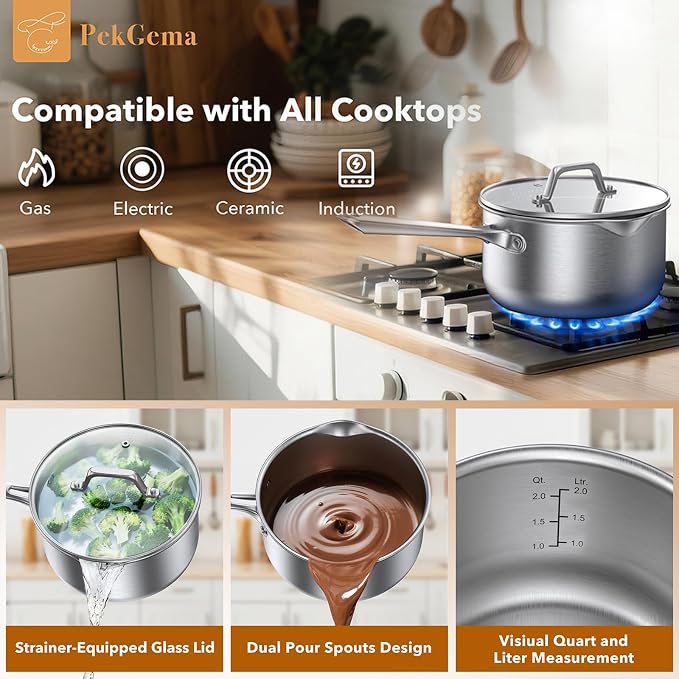 PekGema 2.5QT Saucepan w/Glass Strainer Lid, Tri-Ply Stainless Steel | Tri-Ply Stainless Steel;Dual Spouts&Strainer Holes;Measurement Marks;Dishwasher Safe;Oven Safe 500°F;All Stovetops