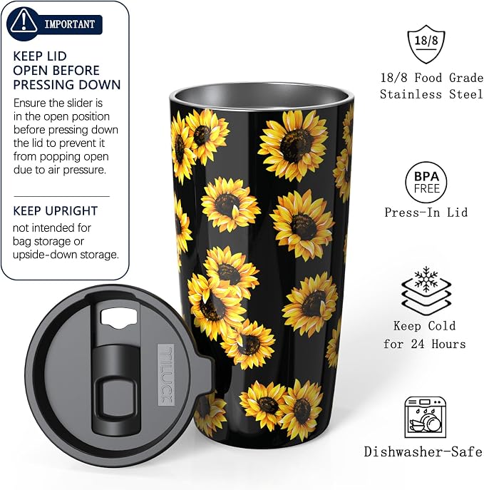 TILUCK 20 oz Insulated Coffee Tumbler with BPA-Free Lid | Travel Coffee Mug, Dishwasher Safe, Cup Holder Friendly, Double-Wall Vacuum Insulation for Hot & Cold Drinks, SunFlower