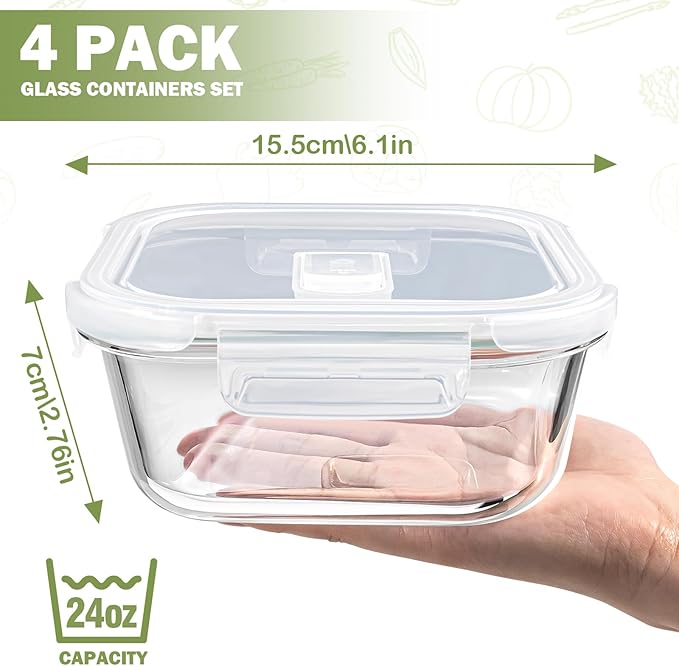 Square Glass Containers with Lids 3 Cup/24 oz, 4 Pack | Borosilicate Glass Bowl | Airtight | Meal Prep | Sandwich | Oven Microwave Freezer Dishwasher Safe | Small Food Storage Sets