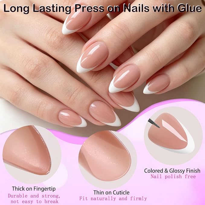 240pc White French Tip Press on Nails Short Almond Acrylic Nail, Coffee Press ons Fake Nails with Glue & Tabs, 12 Sizes Glue on Nails Short Press-on Nail Almond Artificial Stick on Nail for Women