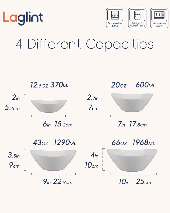 Oval Serving Bowls Set of 4, 12/20/43/66 OZ White Opal Glass | Space-saving nesting design with microwave & dishwasher safe, perfect for mixing, salad, fruit, pasta, dessert & prep