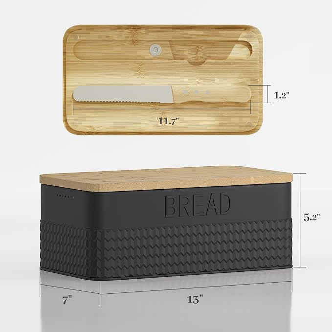 Bread Box for Kitchen Countertop - Metal Bread Storage with Bamboo Cutting Board Lid & Bread Knife, Corner Bread Container for Homemade Bread and Toast, Black