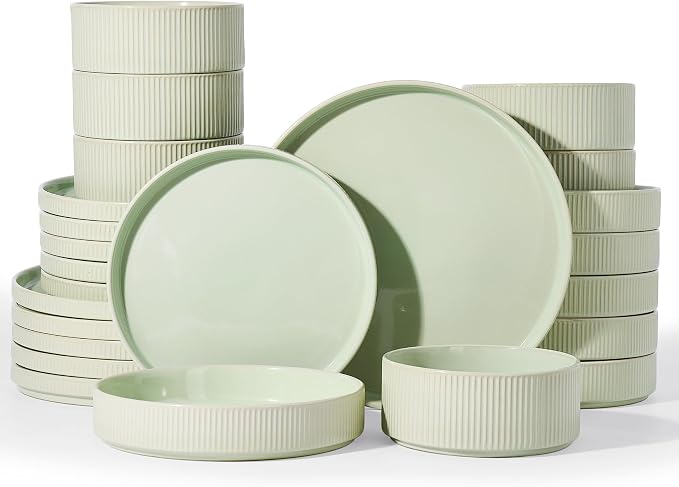 Famiware Stoneware Dinnerware Set with Pasta Bowls, 24pc Green Dishes for 6 | Ceramic Double Bowls & Flat Plates, Chip & Scratch Resistant, Microwave & Dishwasher Safe, Everyday Dining, Rustic Modern
