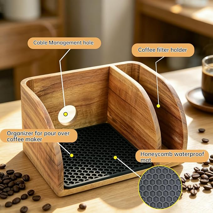 Acacia Coffee Caddy Station Organizer Stand for Chemex Pour Over Maker | Wood Coffee Filter Holder Storage for Countertop, Coffee Bar for Pour Over Chemex Bodum Cosori Coffee Maker with Dripper Mat