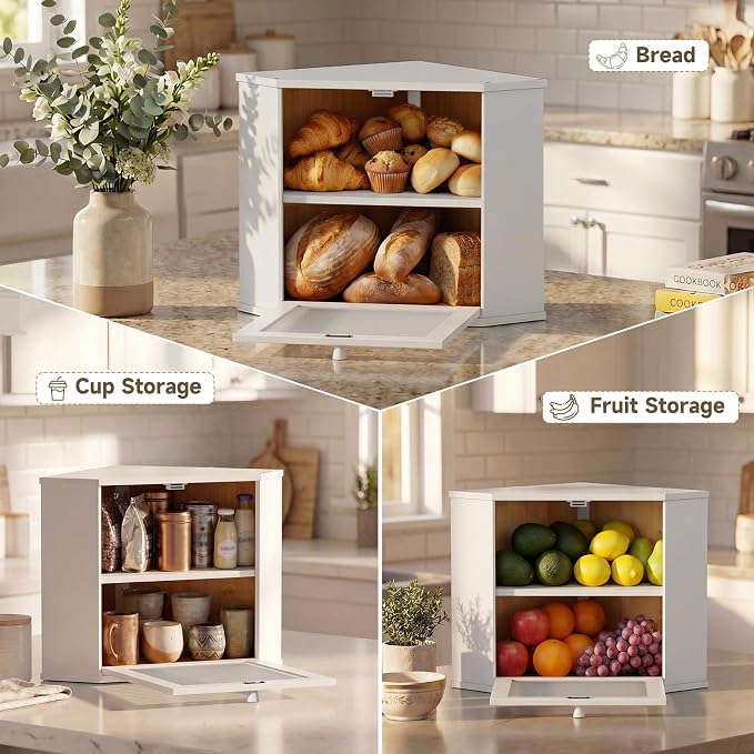 Bread Box for Kitchen Corner Countertop,Large Bread Basket (White, Large) | Double Layer Bamboo Bread Storage Container for Kitchen Countertop,Height Adjustable