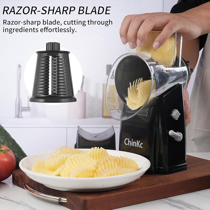 Upgrade Rotary Cheese Grater Shredder with Handle, Strong Suction Base, Multi-purpose Rotary Grater Slicer with 5 Interchangeable Blades for Ice, Vegetables, Fruit, Nuts with Blade Storage Box