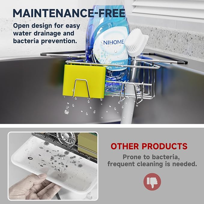 NiHome Adjustable Corner Caddy, Sponge Holder for Kitchen Sink | Rustproof 304 Stainless Steel Storage with Extendable Arms and Open Drainage for Rapid Drying of Brushes and Soap Bars