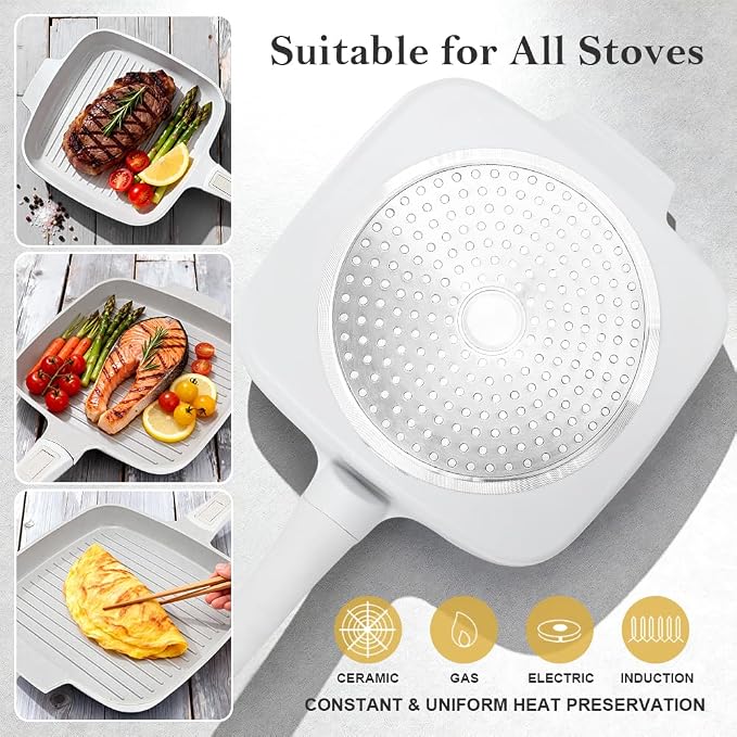 RANX INGST Nonstick Ceramic Griddle Pan with Lid, 10 Inch Steak Pan- White | Detachable Handle Induction Compatible