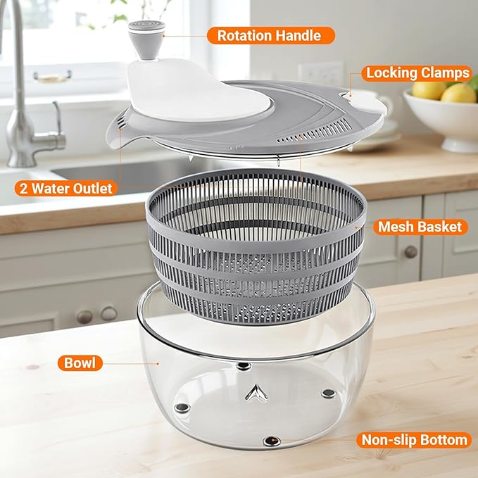 Salad Spinner Lettuce Spinner with Drainage Holes, 5 Chopping Blades, Grey | 5.3 QT Large High Efficiency Fruit Vegetable Washer Dryer, Easy Press Kitchen Tool for Leafy Vegetables