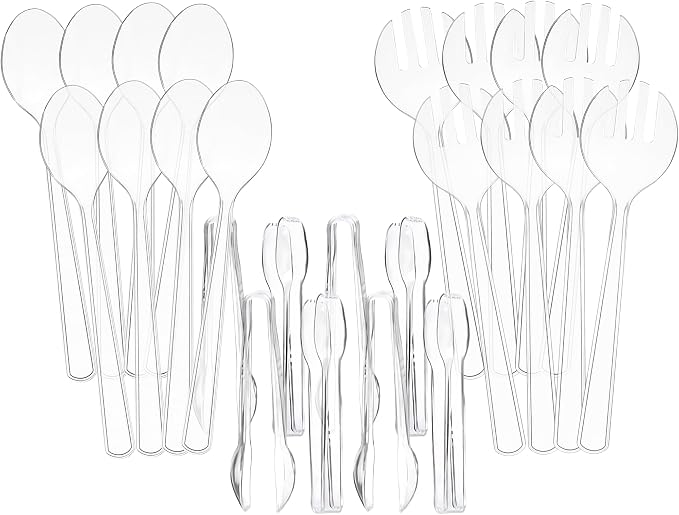 Set of 24 Heavy Duty Disposable Plastic Serving Utensils! 10” Spoons and Forks and 6-1/2” Tongs! Clear Serving Sets Perfect for Parties, Events, BBQ's and More! (24, Spoons-Forks-Tongs)