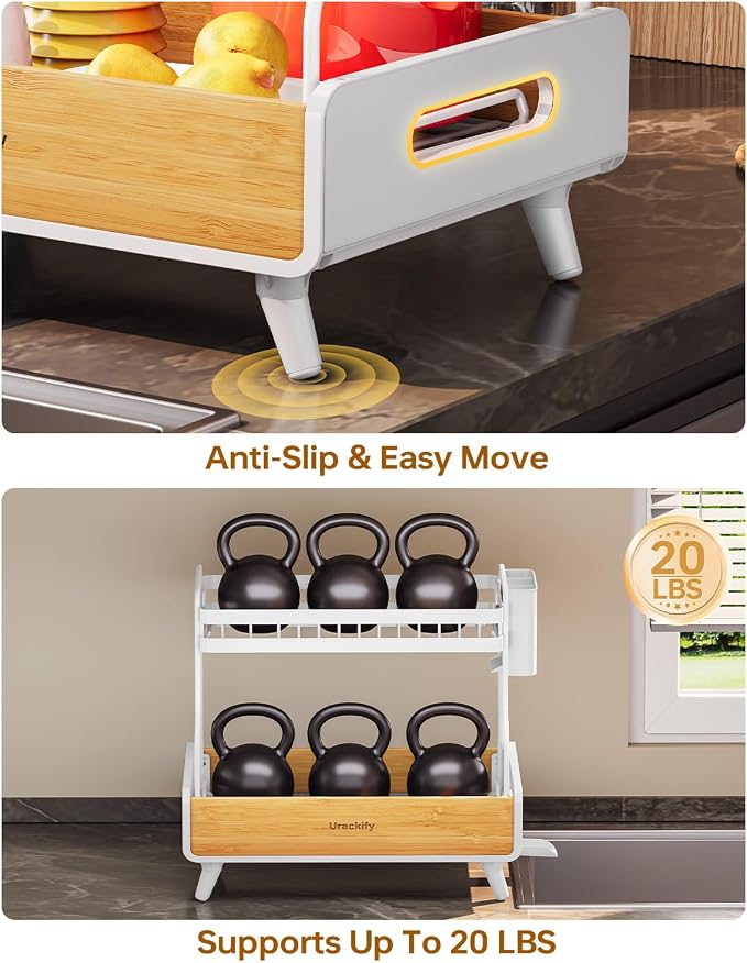 Urackify 2-Tier Stainless Steel&Bamboo Dish Rack for Kitchen Counter,White | Two-Tier Storage, Modern Bamboo Design, Large Capacity, Self-Draining, Rust-Resistant