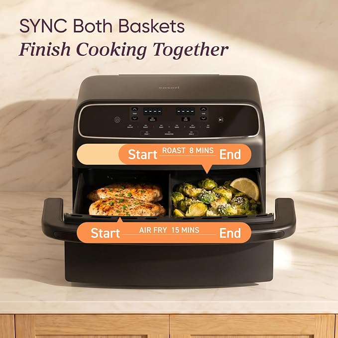 Cosori TWINFRY 9 QT Double Air Fryer, Removable Divider, PFAS-Free Ceramic | Dual 4.5Qt & Full 9Qt, Two Ways to Cook, 6-in-1, Independent Cooking, Match&Sync, Dishwasher-Safe, Countertop Friendly