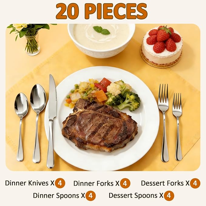 20 Piece Silverware Set, Kitchen Utensils Set for Restaurant & Home, Stainless Steel Cutlery Set, Flatware Set include Forks, Knives, Spoons, Silver