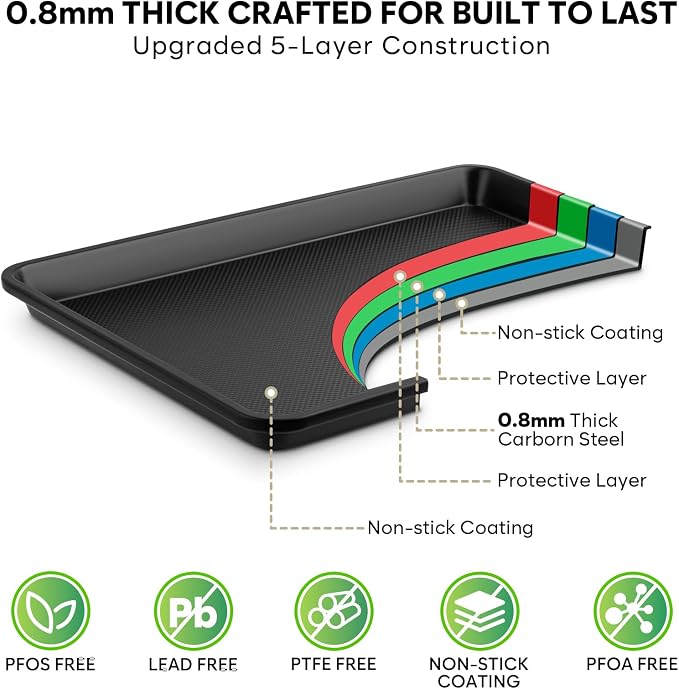 Nonstick Baking Sheet Set with Cooling Rack, 4-Piece Cookie Sheets for Baking, 0.8mm Heavy Duty Carbon Steel Oven Pans, Ceramic Coated Half Sheet, Jelly Roll Pan & Quarter Sheet, PFOA/PTFE Free