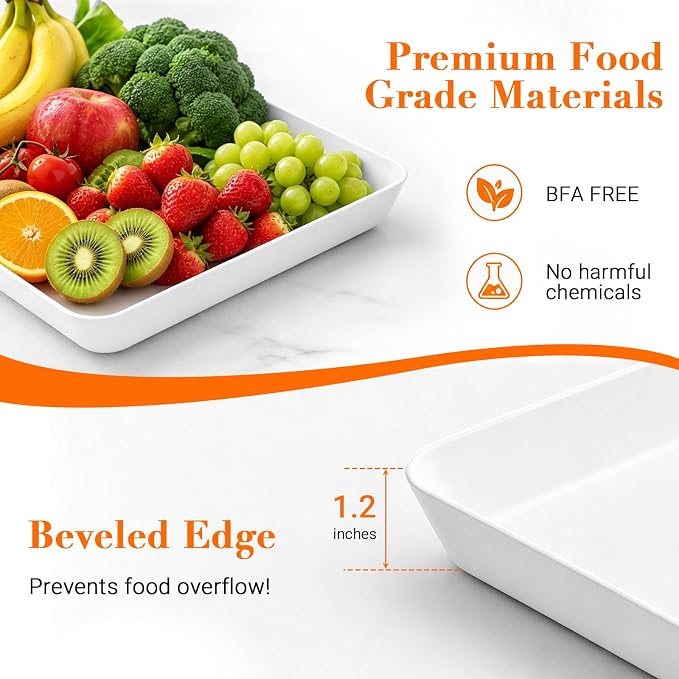 WOWBOX 4-Pack Reusable Plastic Serving Trays for Snacks, Fruit and Parties | Kitchen Pantry Organization, Grilling Prep, Food Presentation, Everyday Dining, Holiday Hosting and Outdoor Entertaining