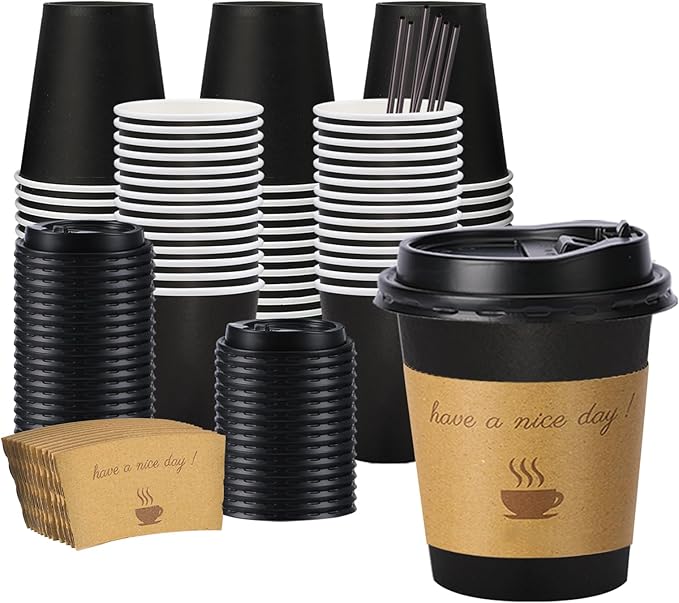 Lamosi 100 Pack 10 oz Coffee Cups, Disposable To Go Paper Cups with Lid | Hot Insulated Cups with Lids, Stir Sticks and Sleeves for Cold Drinks, Tea and Latte, Cafe, Travel and Home Use