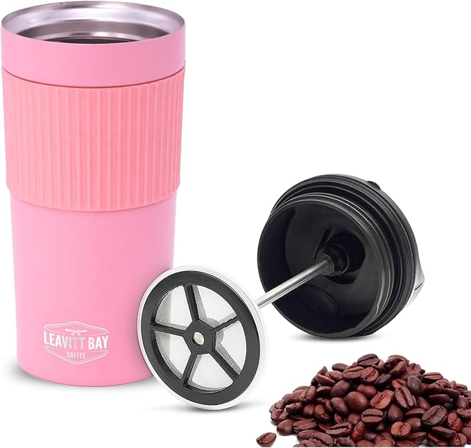 Pink Portable French Press Travel Mug & Coffee Maker | Leak-resistant lid Double-wall vacuum insulation ideal for camping & travel