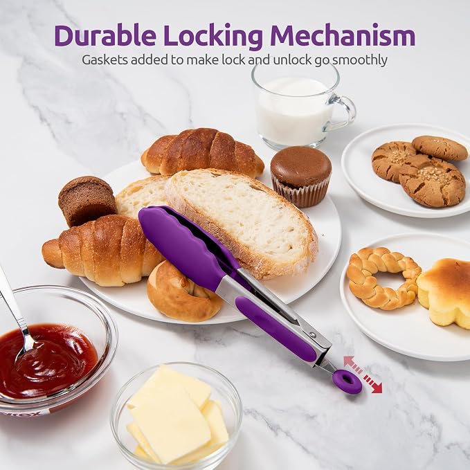 U-Taste Kitchen Tong for Cooking, 600ºF Heat-Resistant Tps, 7in/Purple | Small Mini Silicon Tongs for Serving Food, Short Salad Thong with Non Stick Rubber Tips & 18/8 Stainless Steel Handle