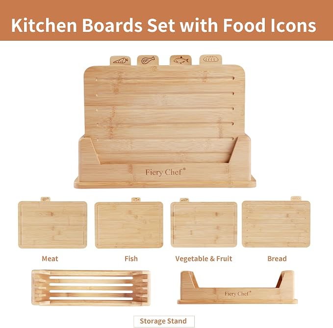 4 Piece Bamboo Cutting Boards with Food Icons & Stand, 12.6"L x 9"W | Thick & Durable, Deep Juice Groove, Non Toxic Real Wood, knife-friendly, Chopping Boards Set of 4 with Sturdy Holder