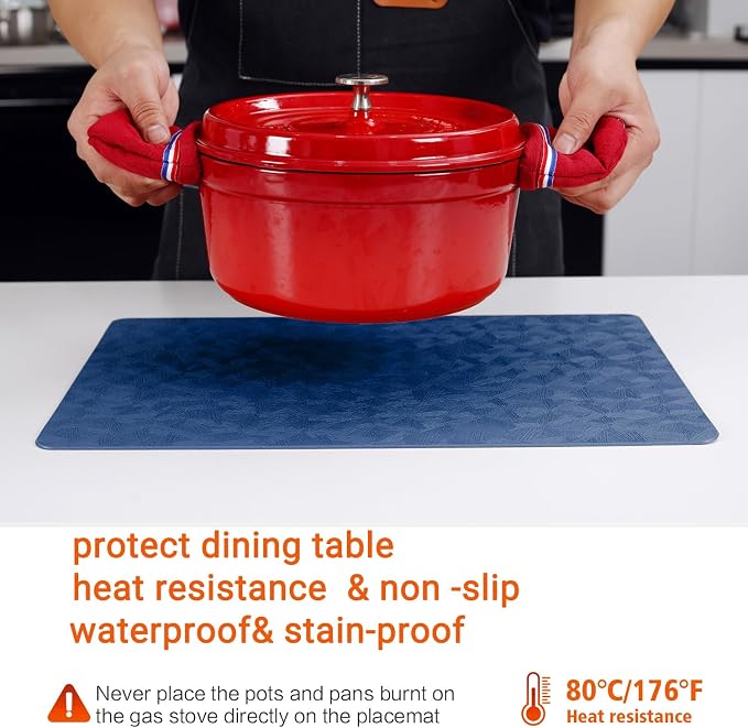 Blue Vinyl Placemats Set of 6 Waterproof Wipeable Table Mats | Heat Resistant Easy Clean Place Mats Faux Leather Table Mats Washable PVC Table Placemats for Dining Table