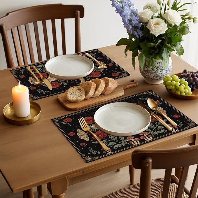 Black Poppy Moth Moon Placemats Set of 4, Floral Spring Table Mats | Outdoor Home Party Kitchen Dining Decor, Washable Non-Slip Heat Resistant Place Mats, Gothic Gifts for Women Mom Friend