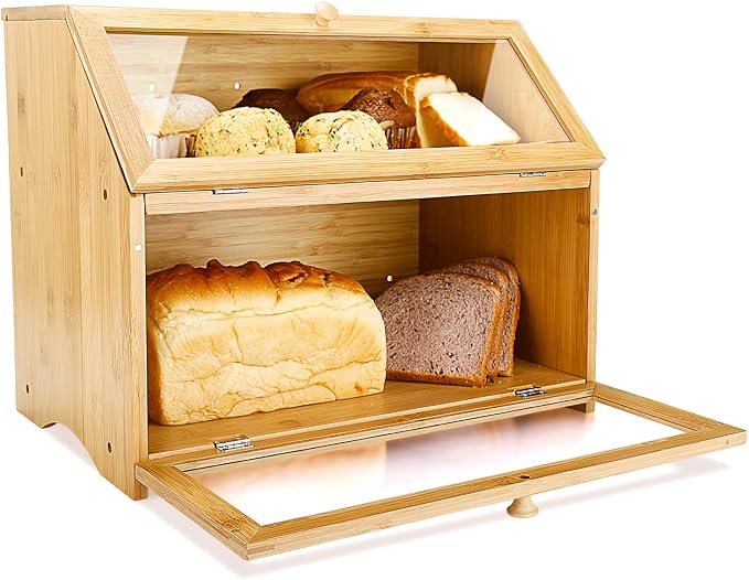 HOMEKOKO Double Layer Bread Box for Kitchen Countertop, Natural Bamboo | Keeps Bread Fresh 3-4 Days, Large Capacity Fits 2+ Loaves, Suitable For Home Kitchen Food Storage Use, See-Through Window