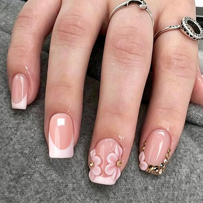 10pcs Press on Nails Flowers Handmade White French Tip Fake Nails with 3D Flower & Gold Rhinestone Designs Short Square Muti-Layer Gel Acrylic Nail Full Cover Thick Stick on Nails for Women (S)