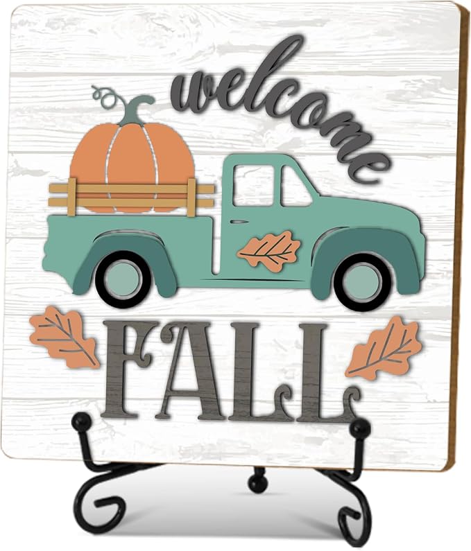 Fall Home Decor Indoor,Welcome Fall Thanksgiving Table Decor | 5"x5" Wood Plaque Gifts with Stand for Farmhouse Living Room Bathroom Kitchen Decoration - A01