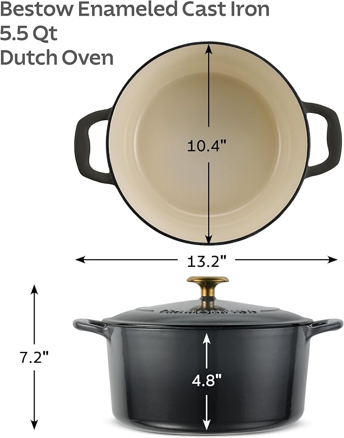 Tramontina Bestow Enameled Cast Iron 5.5-Qt Round Dutch Oven Pot with Lid | Great for Braising, Roasting and Bread Baking - Smoke with Gold Knob