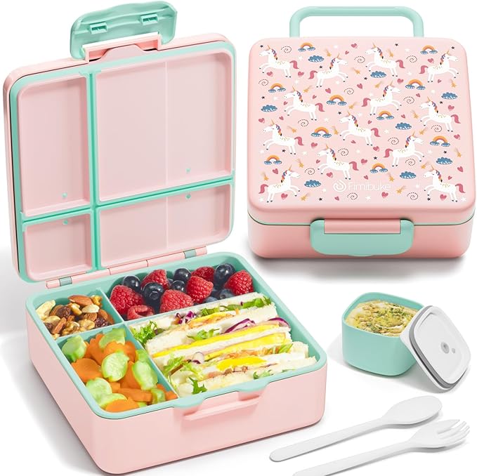 Fimibuke Bento Lunch Box for Kids, Toddler Bento Box with 4 Compartments | Leak Proof BPA Free Dishwasher Safe Lunch Container with Utensils, Ideal Portion Sizes for Ages 3-12 Girls Boys for School
