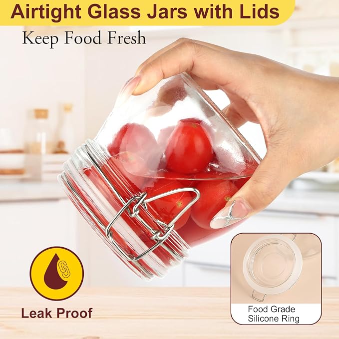 HINGWAH 16oz Glass Jars with Airtight Lids, 6 Pack Mason Jars | Wide Mouth Jars with Clamp Lids, Glass Storage Containers with Lids for Pickling, Coffee, Herb, Spice, Sugar, Kitchen Storage