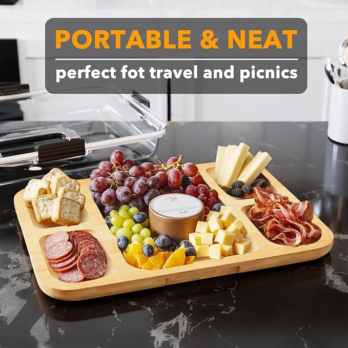 SpaceAid Charcuterie Board with Clear Lid, Portable Travel Cheese Cutting Boards for Picnic Accessories, Bamboo Serving Tray with Lids, House Warming Gifts, Black Handles, 5 Compartments