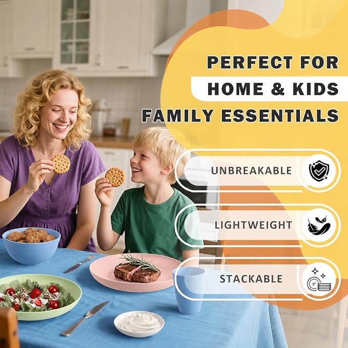 Wheat Straw Dinnerware Sets for 4, 16 Piece Unbreakable Kids Dinnerware Set, Toddler Plates and Bowls Sets, Kitchen Plates and Bowls Set, Lightweight Dish Set for Travel Camper Dishes - Colorful