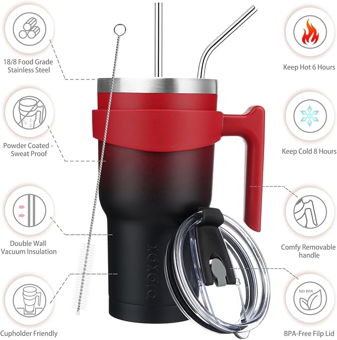 BJPKPK 30 oz Tumbler with Handle & Straw, Insulated Stainless Steel Mug | Double Wall Vacuum, Keeps Hot/Cold, Thermal Cup, BPA Free, Dishwasher Safe, Cupholder Fit, Coffee & Travel, Blood Moon
