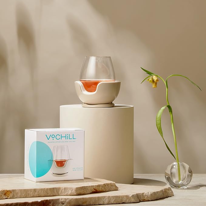 VoChill Stemless Wine Glass Chiller | Keep the Chill In Your Glass | Made In USA | Separable & Refreezable Chill Cradle | Actively Chills Stemless Glassware | Sand, Single Stemless