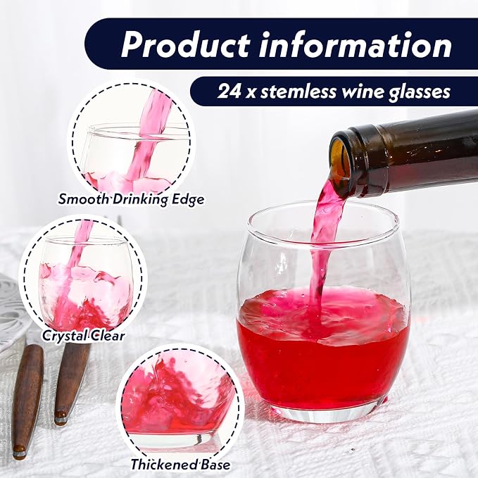 Ziliny 24 Pcs 6 oz Stemless Clear Wine Glasses Glass Cups Recyclable Drinking Glasses for Red or White Wine Cocktail Supplies Party