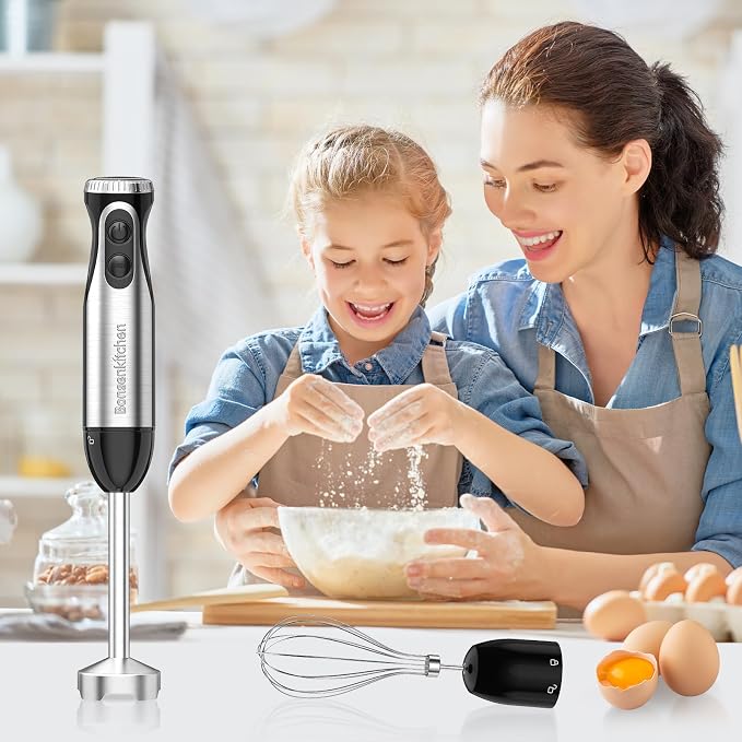 Bonsenkitchen 2-in-1 Immersion Handheld Blender with 20 Speeds & Turbo Mode | 500W Hand Blender, Egg Whisk, 304 Stainless Steel Blade, Portable Hand Mixer for Smoothie, Soup, Baby Food