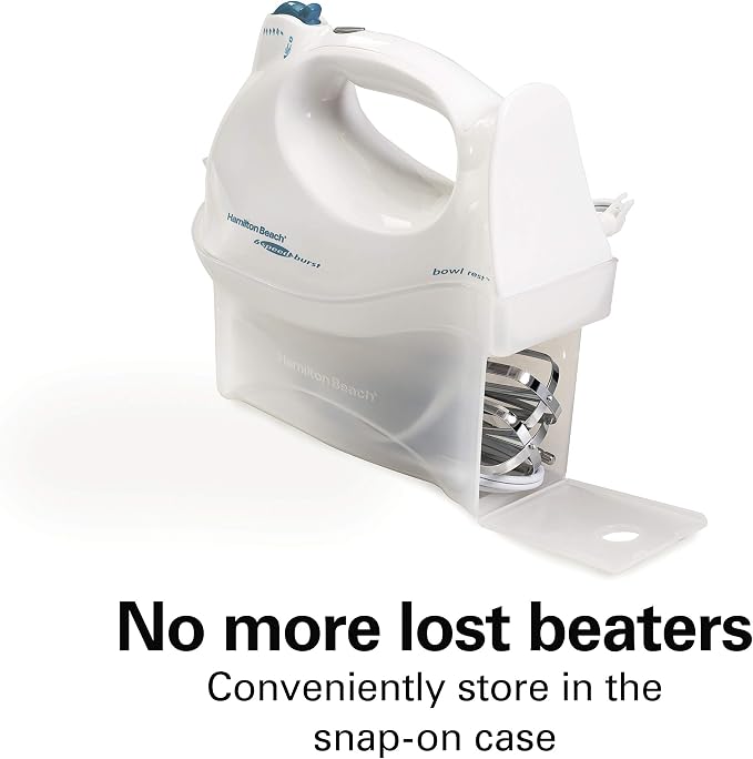 Hamilton Beach Power Deluxe 6-Speed Electric Hand Mixer With QuickBurst | Powerful 250 Watt Motor | Traditional Beaters | Whisk | Snap-On Storage Case | Bowl Rest | White | 62695V