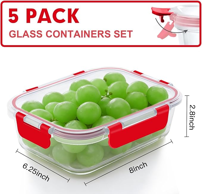 VERONES 5 PACK 36 OZ Glass Meal Prep Containers Set with Lids, Red | Airtight Glass Lunch Containers Set, Food Storage Containers with Lids, for Microwave, Oven, Freezer & Dishwasher Friendly