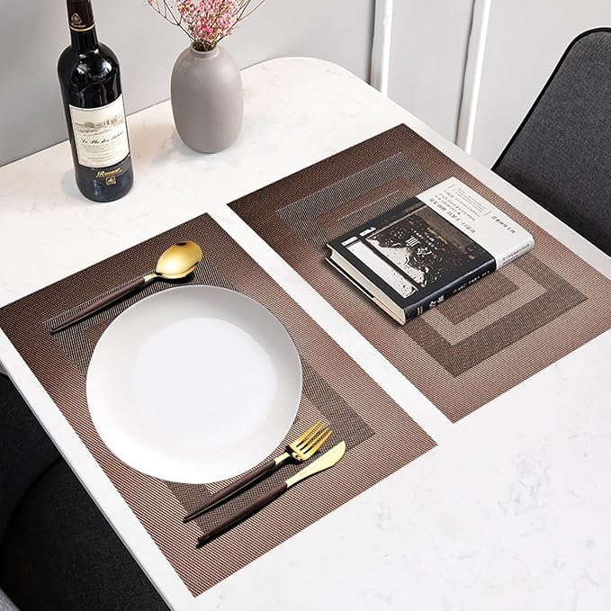 PPIGCHCY Placemats Set of 8 Washable Durable Place Mats Vinyl Heat Resistant Non-Slip Table Mats Indoor Outdoor (18 x 12 inches, Coffee Brown)